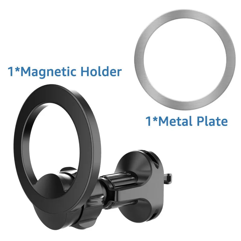 Black magnetic car phone holder with O-ring bracket for air outlet mounting