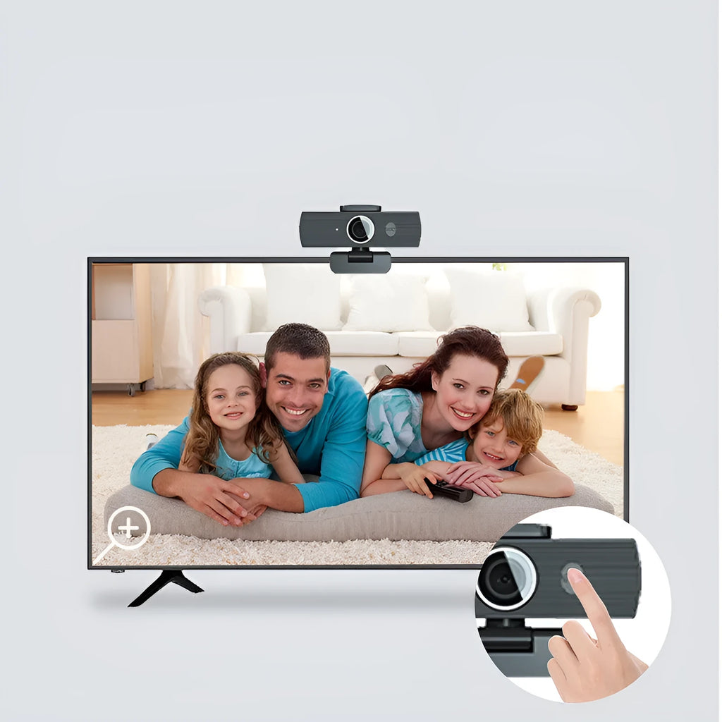 Black 4K USB webcam with attached cable and a magnetic privacy cover on a desk.