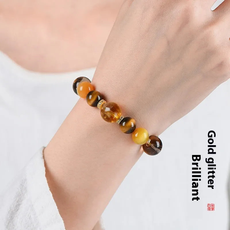 Natural yellow 10mm crystal bead bracelet with handmade unisex design