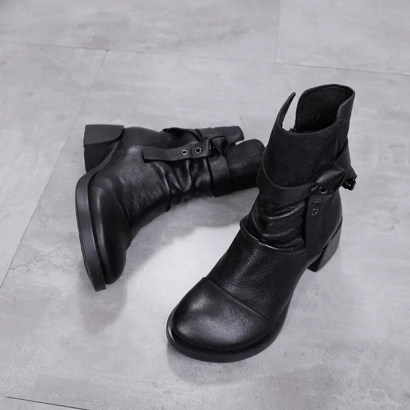Women's brown retro ankle boots with a chunky block heel and round toe made from genuine leather.