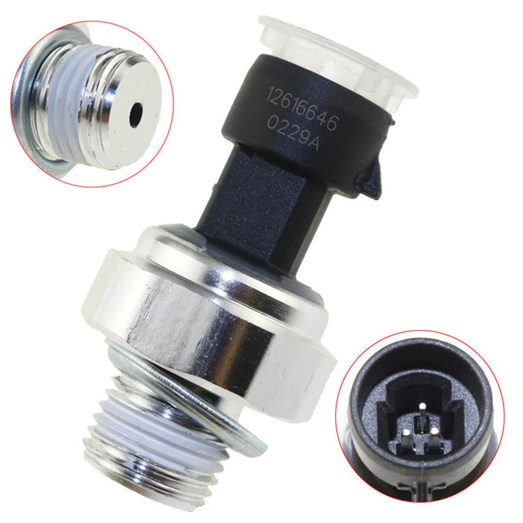 OEM oil pressure sensor for Buick and Chevrolet vehicles, part numbers 12573107 and 12677836 visible.