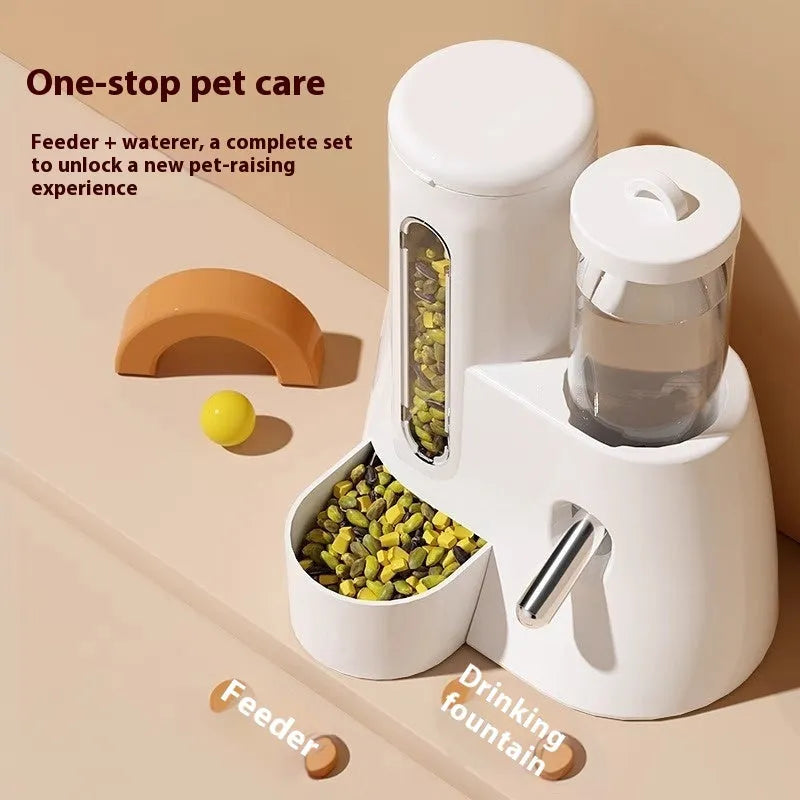 White automatic water feeder and matching food bowl for dwarf hamsters on a blue background.