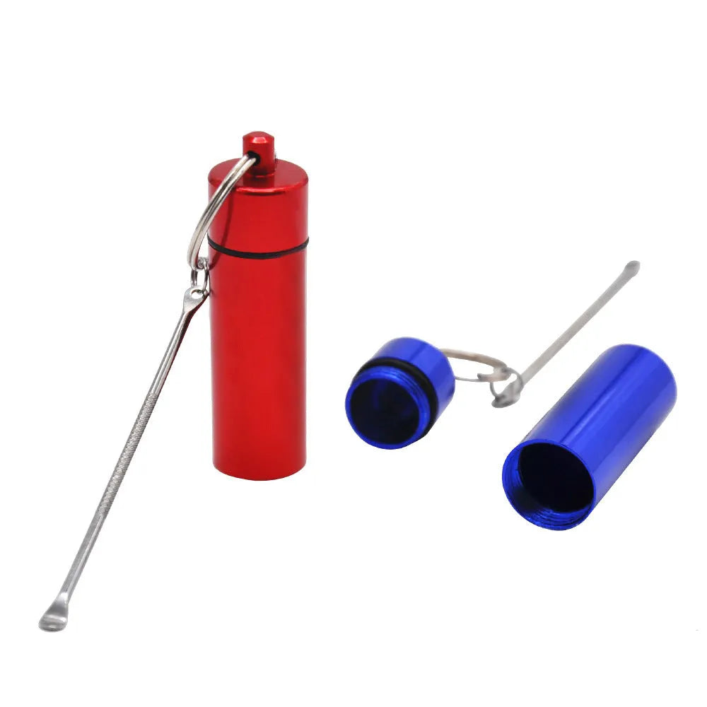 Aluminium pill storage bottle with built-in measuring spoon and keychain attachment in multiple colour options