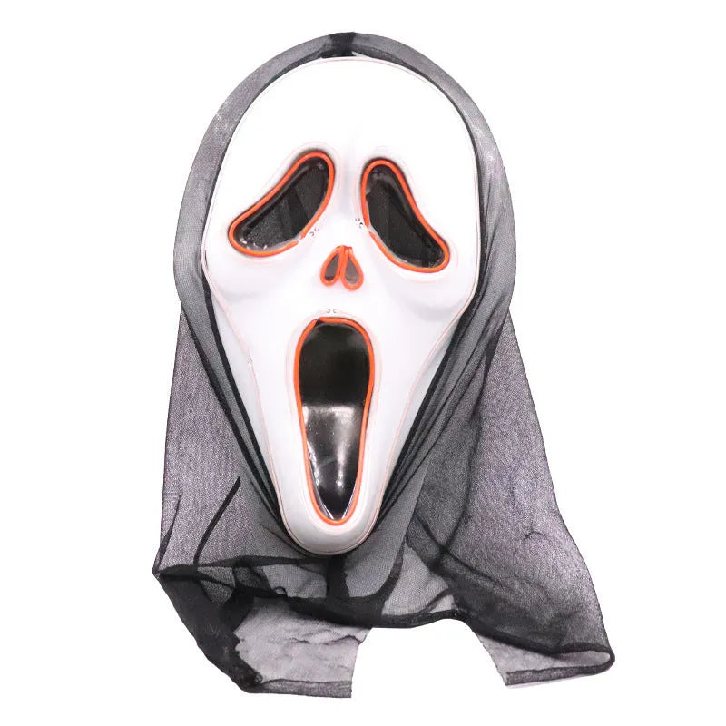 Halloween scary skull LED glowing screaming mask with white shell and ice blue light on plastic headgear