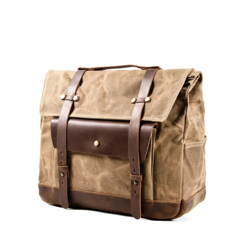 Camel Bag Knight retro cotton messenger bag showing 40cm size and internal organiser pockets