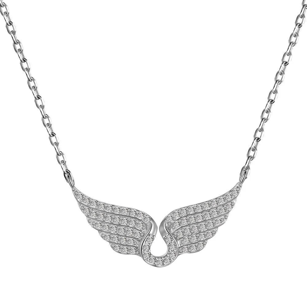 925 sterling silver wings fashion necklace on display with electroplated finish in white or yellow gold tone