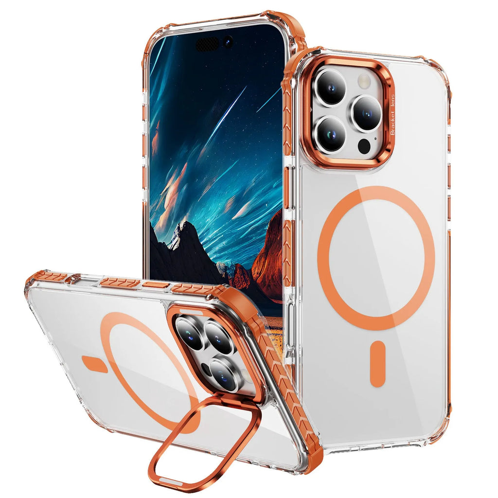 Rainbow No 1 transparent magnetic suction shockproof case for iPhone Pro models in black, blue, green, orange, and red.