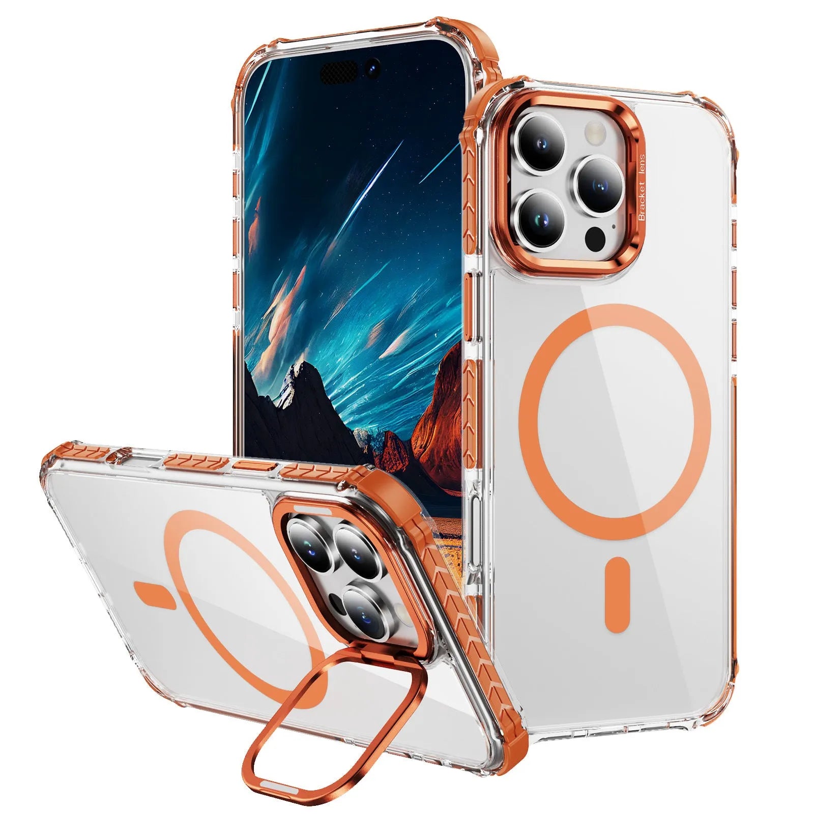 Rainbow No 1 transparent magnetic suction shockproof case for iPhone Pro models in black, blue, green, orange, and red.