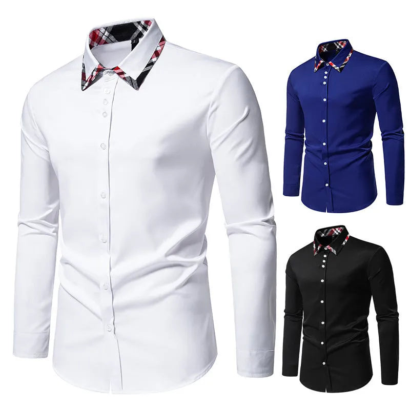 Men's plaid long sleeve shirt with a triangle collar in blue, showing contrast colour detail.