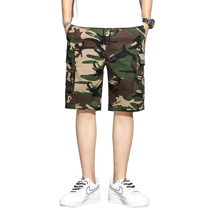 Men's summer camouflage 5-point workwear shorts with drawstring waist in green flower pattern