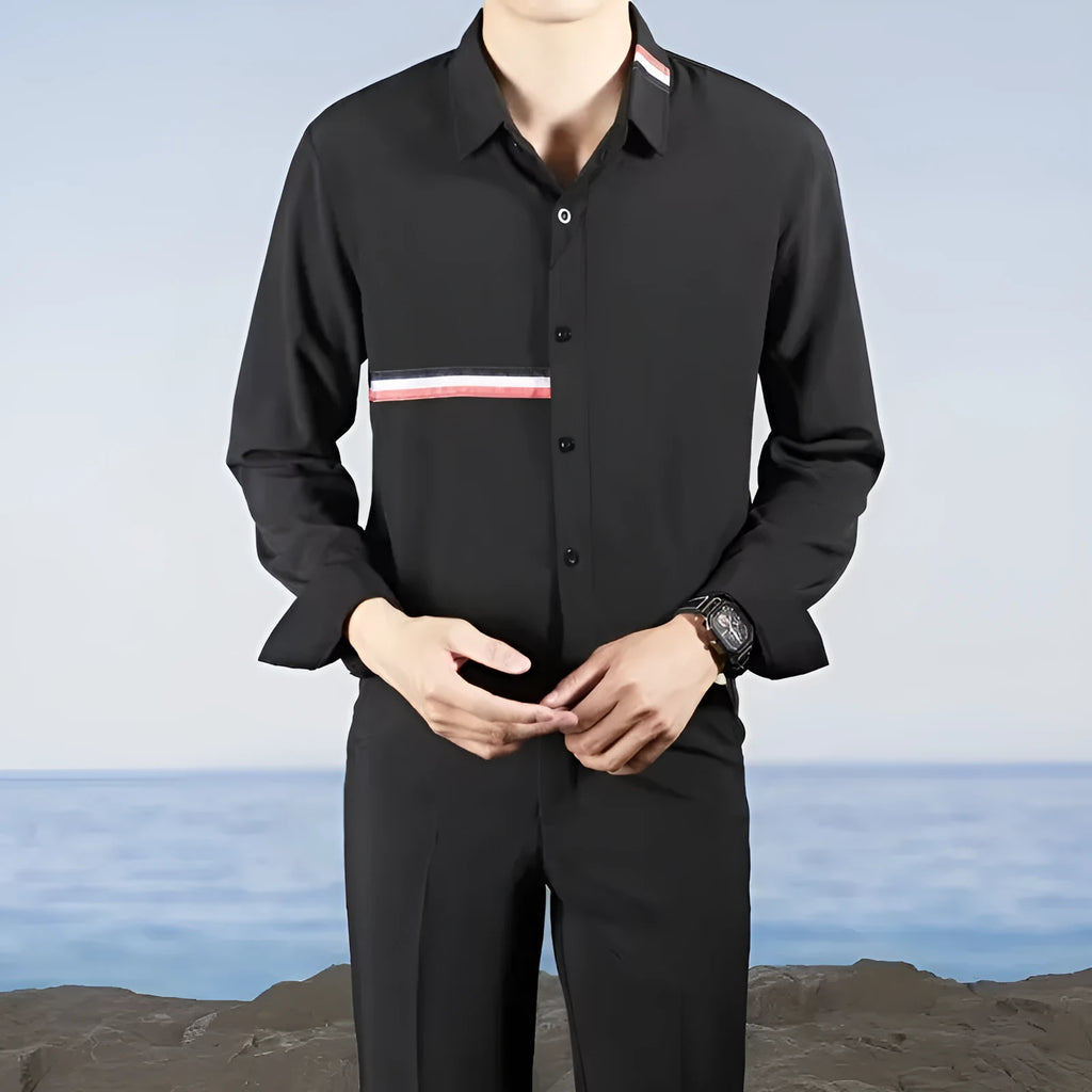 Hong Kong style loose-fit cotton blend cardigan shirt in light blue, showing non-ironing casual design.