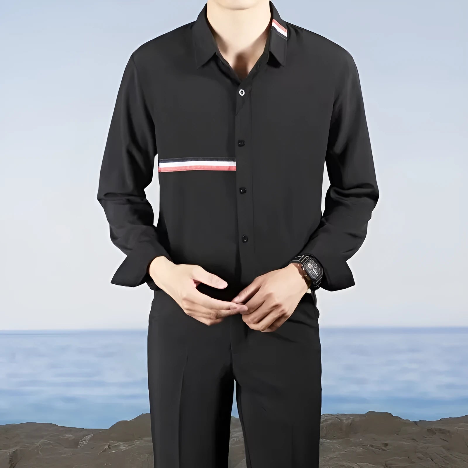Hong Kong style loose-fit cotton blend cardigan shirt in light blue, showing non-ironing casual design.