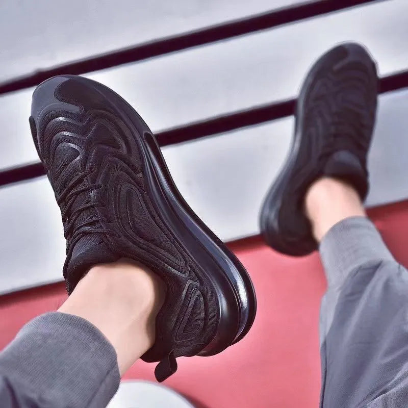 Men's black casual sneakers with lace-up front and air cushion design for running and outdoor activities