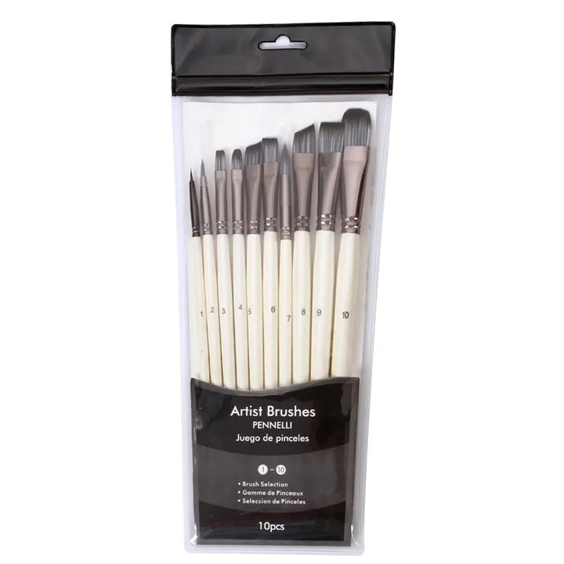 Set of ten pearl white nylon watercolour brushes with wood handles on a table.