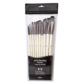 Set of ten pearl white nylon watercolour brushes with wood handles on a table.