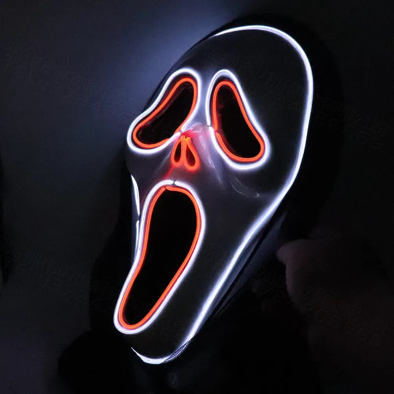 Halloween scary skull LED glowing screaming mask with white shell and ice blue light on plastic headgear