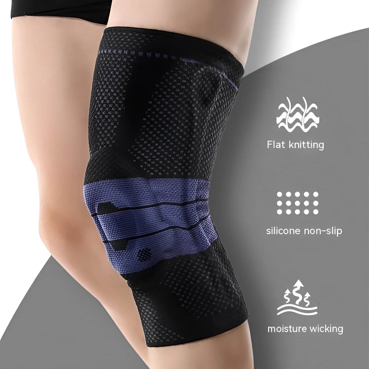 Adult sports knee pads in black and blue colour, made from nylon and spandex.