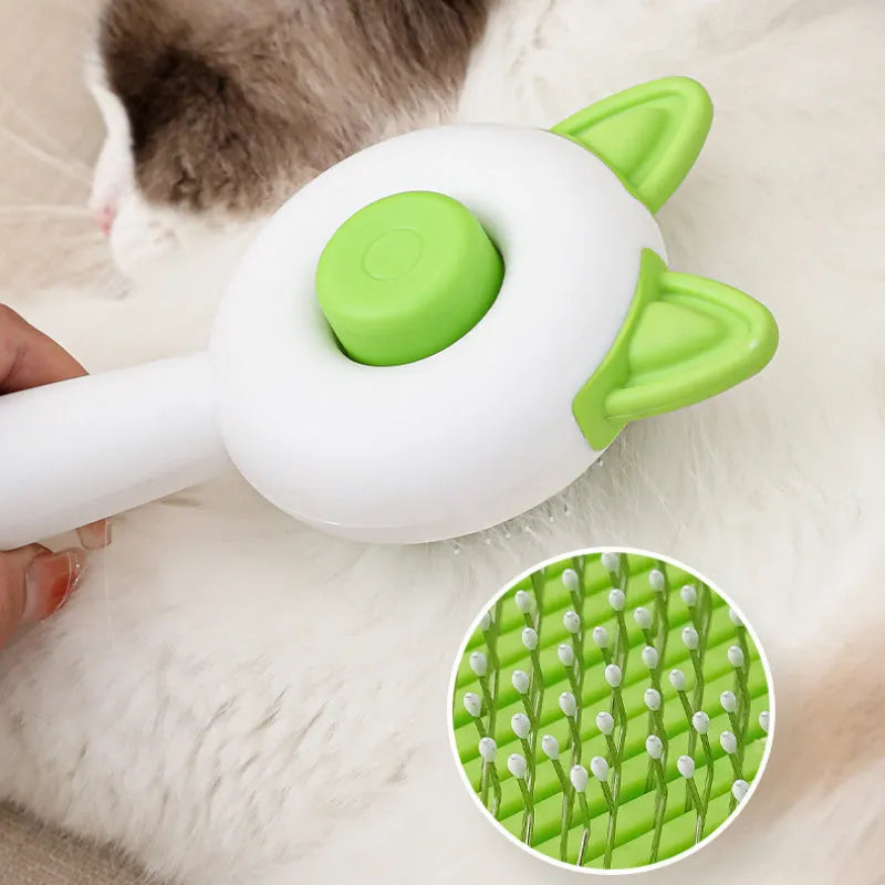 Self-cleaning cat grooming comb with stainless steel pins in greenish white colour