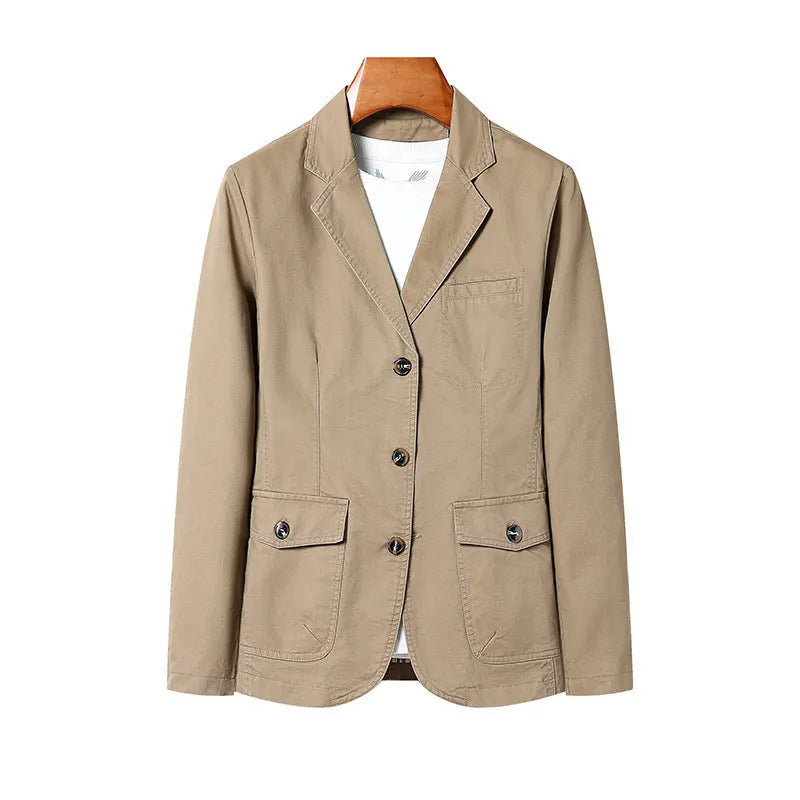 Men's casual loose washed cotton business coat in army green, solid colour straight cut with top stitching pockets