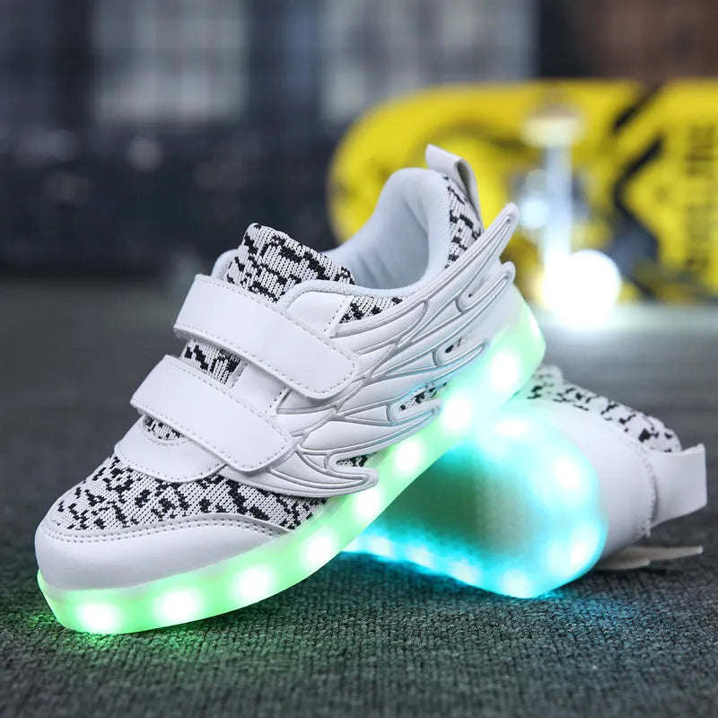 Children's plum red and white LED light up casual sneakers with USB charging port.