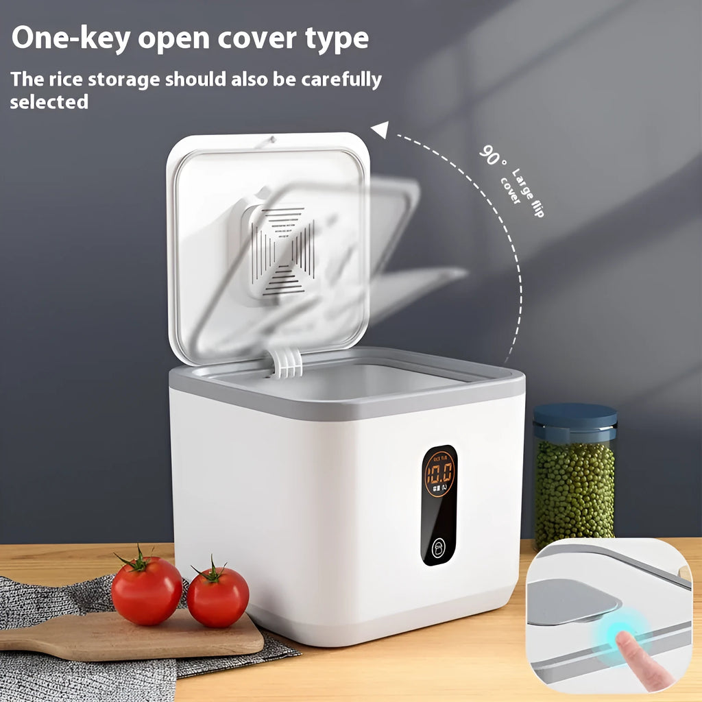 Grey plastic household rice storage jar with a sealed lid and a measuring cup.