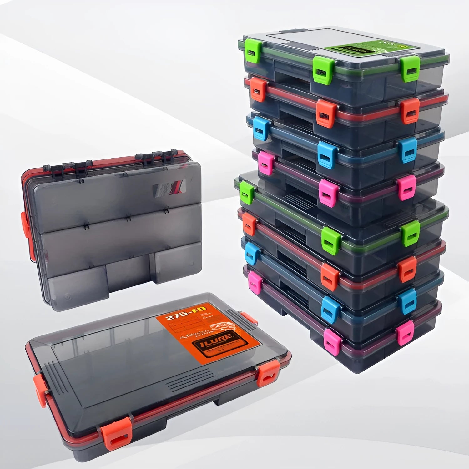 Waterproof plastic fishing lure storage box in blue, shown with internal compartments.