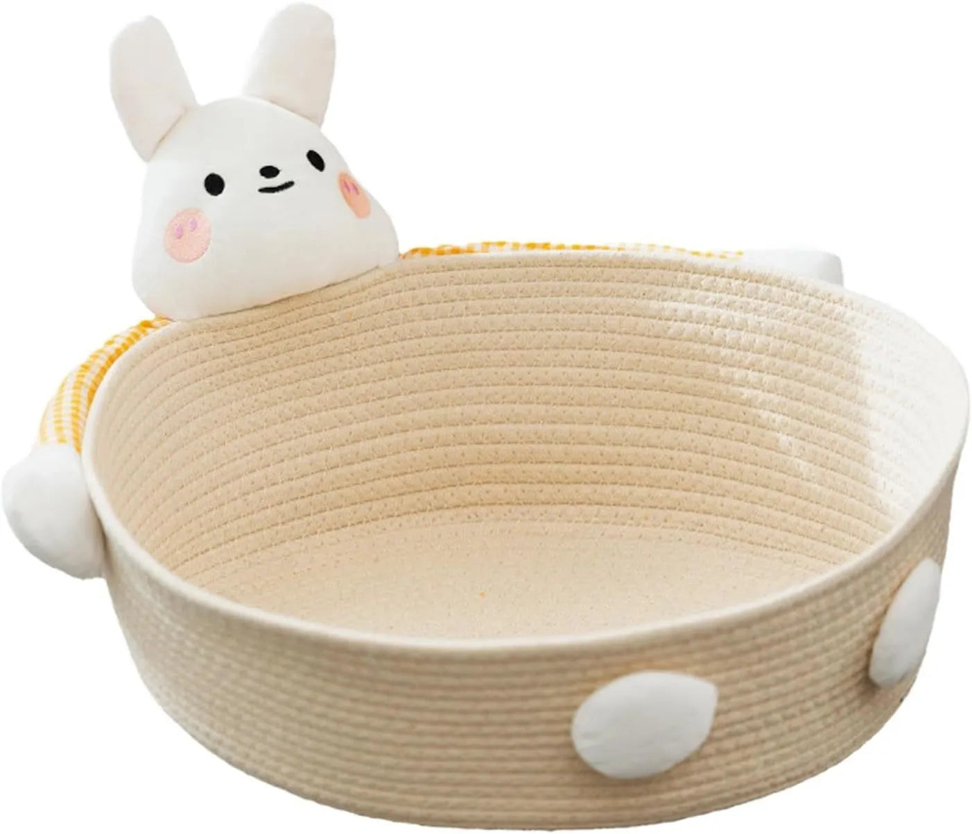 Woven cotton rope cat bed basket with scratching pad, featuring a bear design.