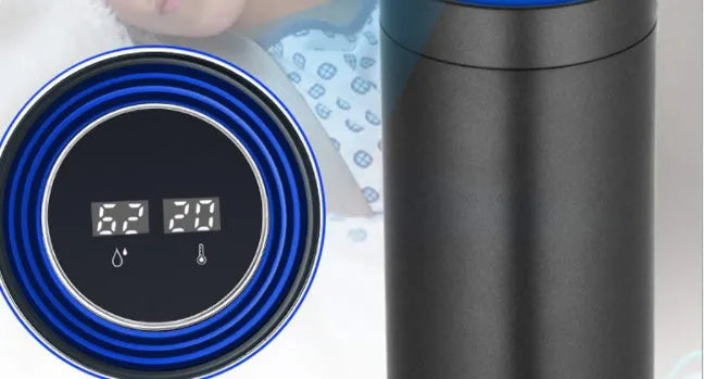 Aluminium alloy car air purifier with display screen and USB cable for vehicle use.