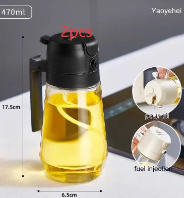 470ml glass oil sprayer and pour bottle in beige, black, green, and yellow colours with ergonomic handle