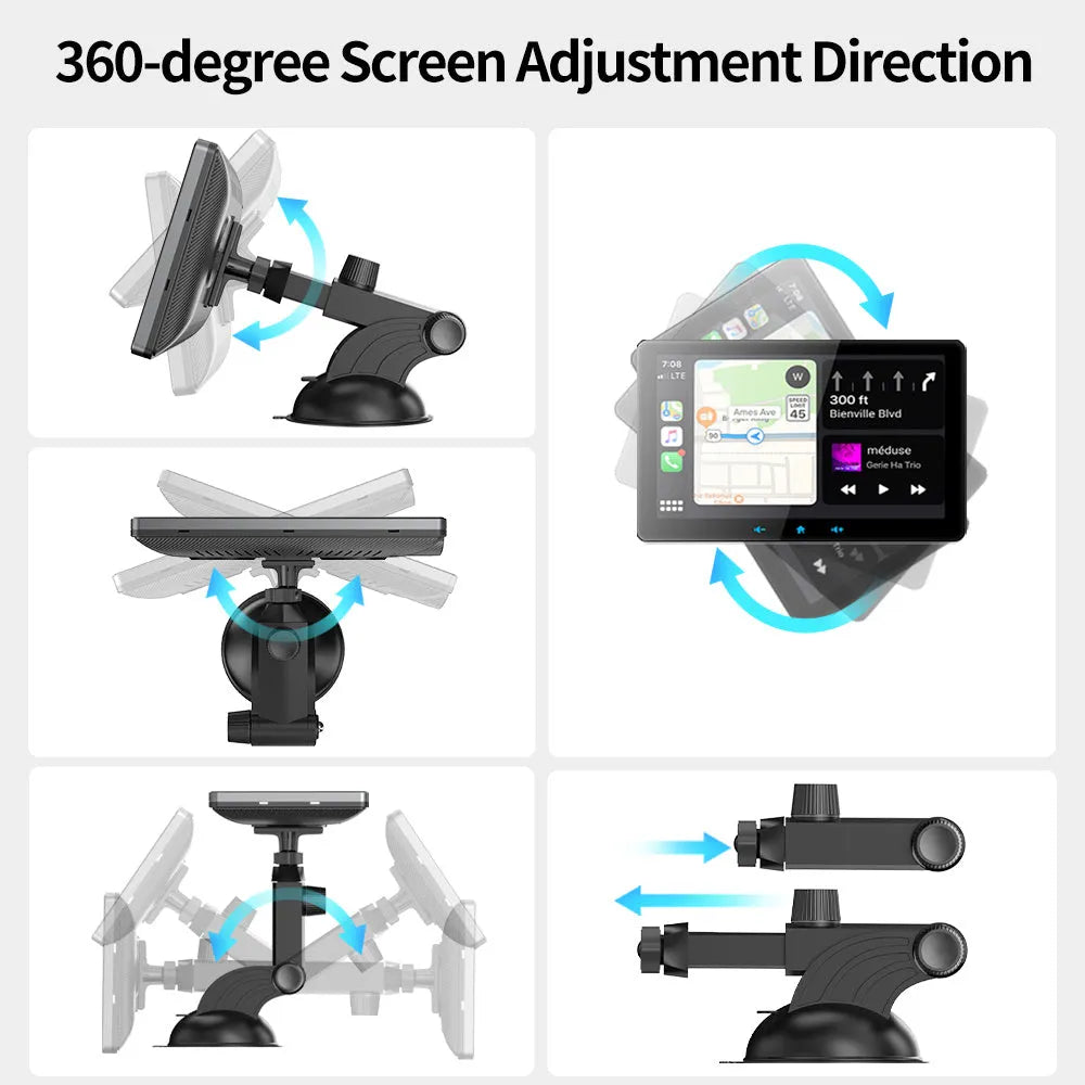 7-inch wireless CarPlay display with suction cup mount and cigarette lighter power cable