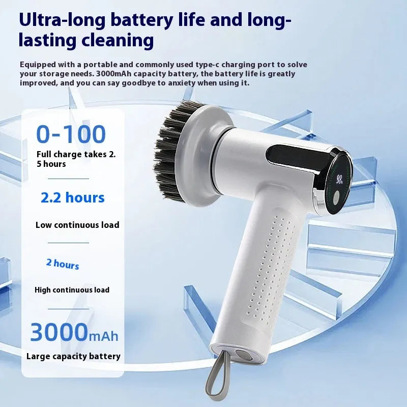 White cordless electric cleaning brush with interchangeable heads on a kitchen counter.