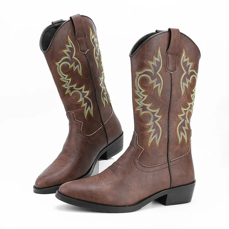 Men's embroidered retro high leg boot in artificial PU, pointed toe, brown colour, side view