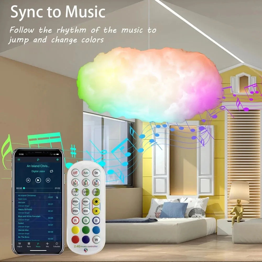 White fabric cloud pendant lamp with multi-colour RGBIC LED lighting and a USB cable.