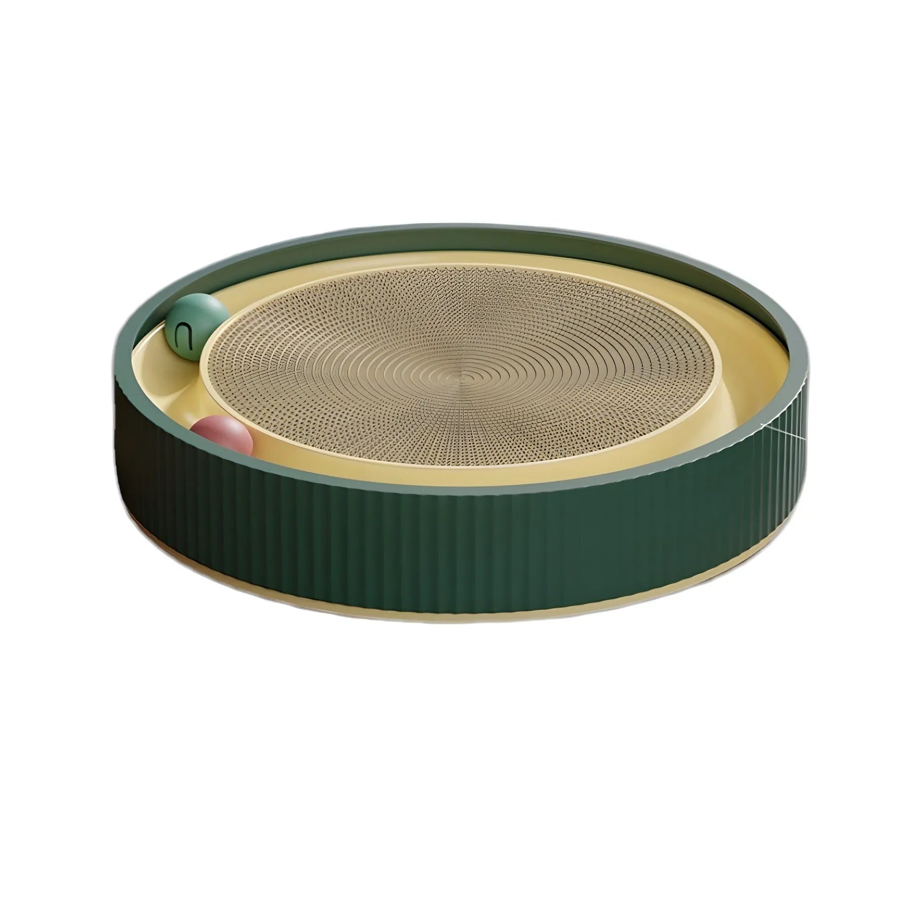 Large green circular cat scratching board with bell balls and replaceable cardboard core
