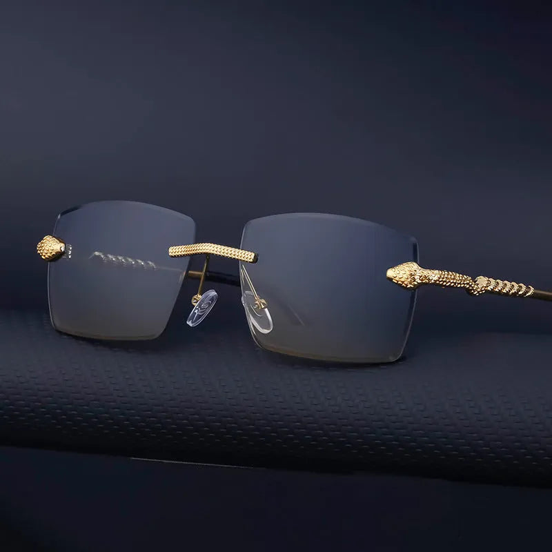 Men's rimless sunglasses with UV400 PC lenses in golden tea wood grain bag finish