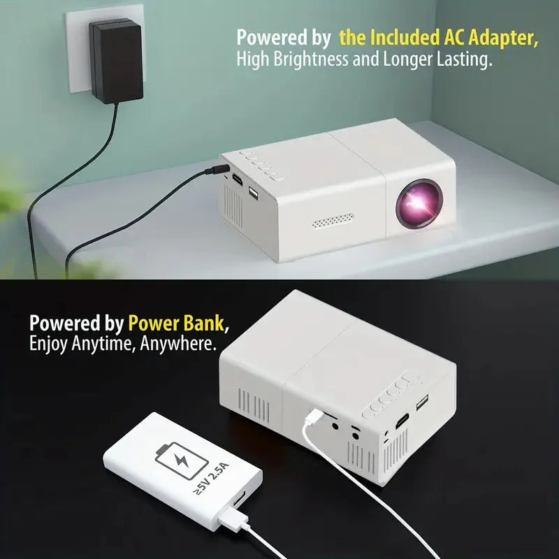 Compact white M100 mini LED home projector with remote control on a table.