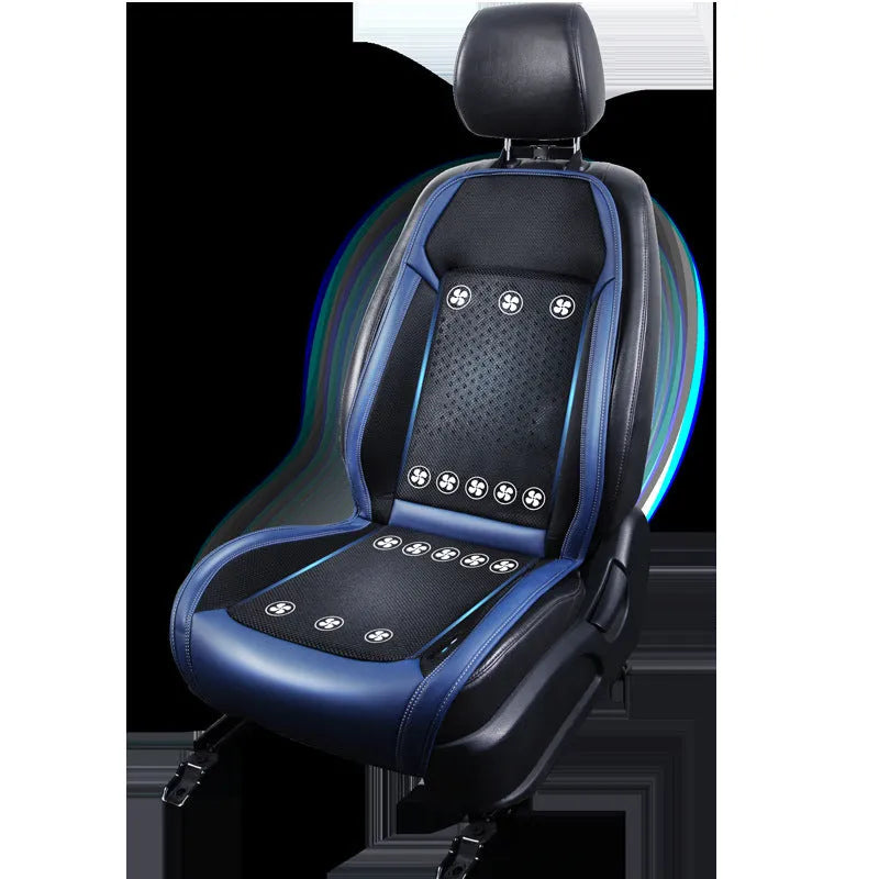 Black car seat cooling pad with USB cable connected for refrigeration and massage functions