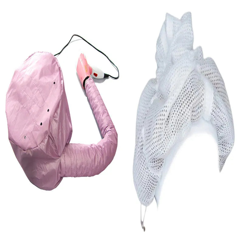 Pink hair dryer bonnet hood with drawstring on a head, attached to a hair dryer nozzle for styling