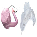 Pink hair dryer bonnet hood with drawstring on a head, attached to a hair dryer nozzle for styling