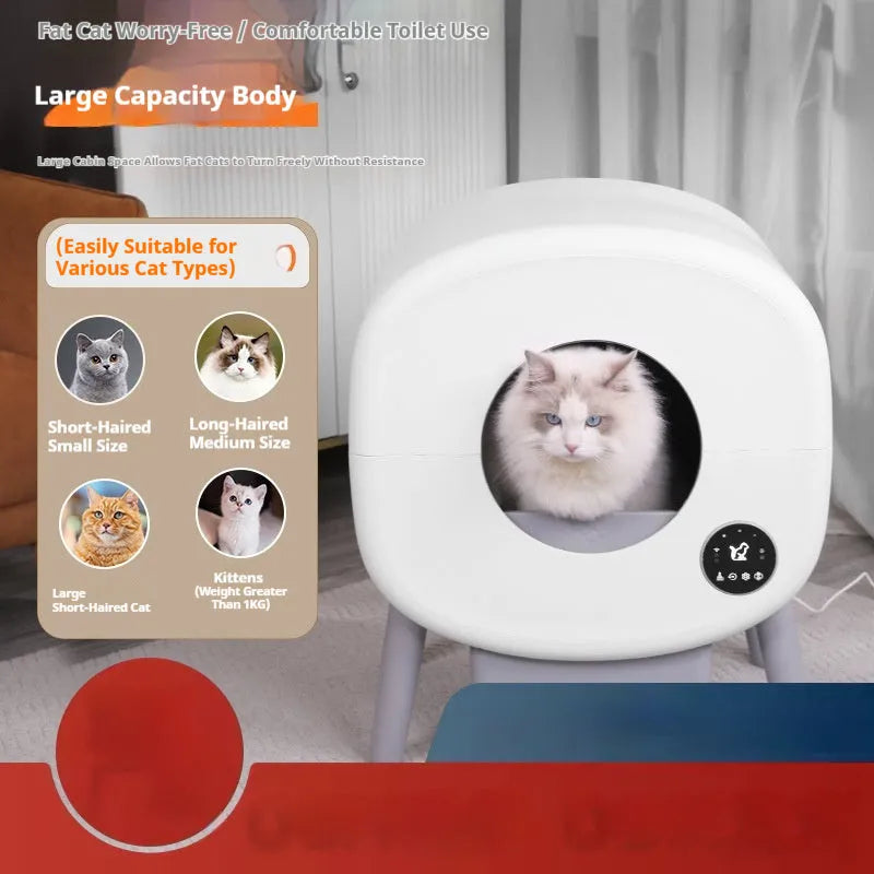 Grey automatic self-cleaning cat litter box with sealed waste drawer, placed on a hardwood floor.