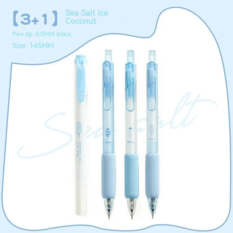 Four double-headed highlighter pens with plastic shells and sponge pressers in cheese mint and sea salt ice cup colours.