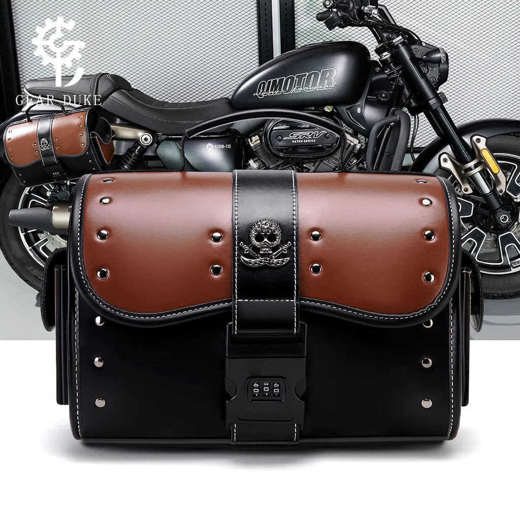 PU leather motorcycle front bag with colour contrast patchwork design, model FBG397BK.