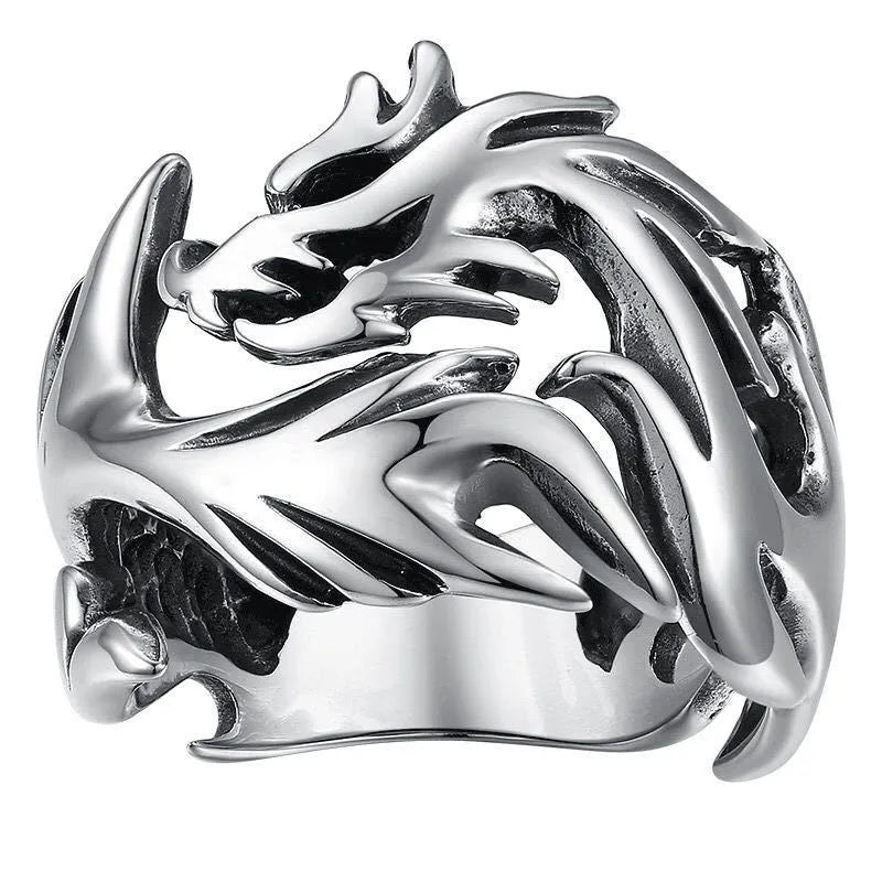 Adjustable Chinese dragon ring with luminous geometric design in antique silver blue and green colours