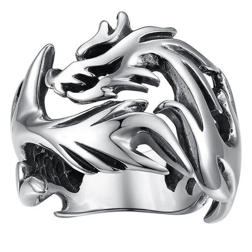 Adjustable Chinese dragon ring with luminous geometric design in antique silver blue and green colours