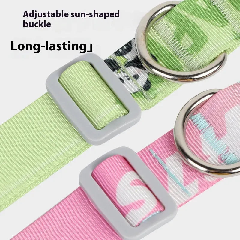 Adjustable nylon dog collar with cartoon gradient print in green, showing buckle and D-ring on a size chart.