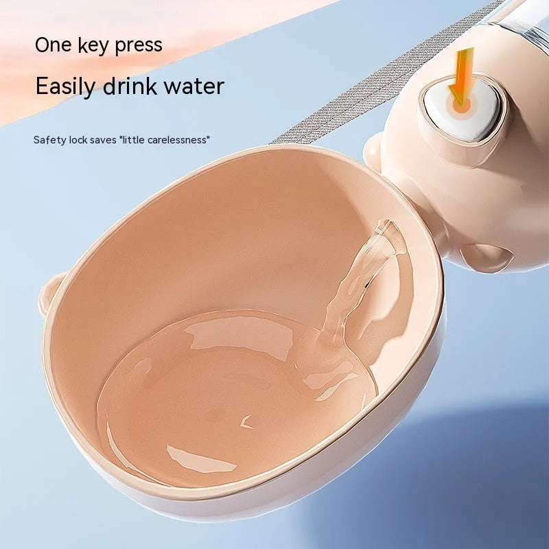 Portable dog water bottle and feeder bowl for outdoor travel in yellow, pink, or brown.