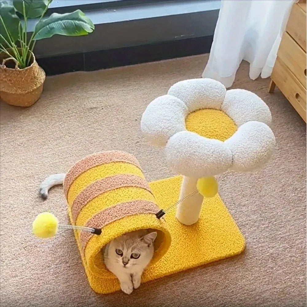 Yellow bee-shaped cat climbing frame with sisal scratching board and fabric tunnel