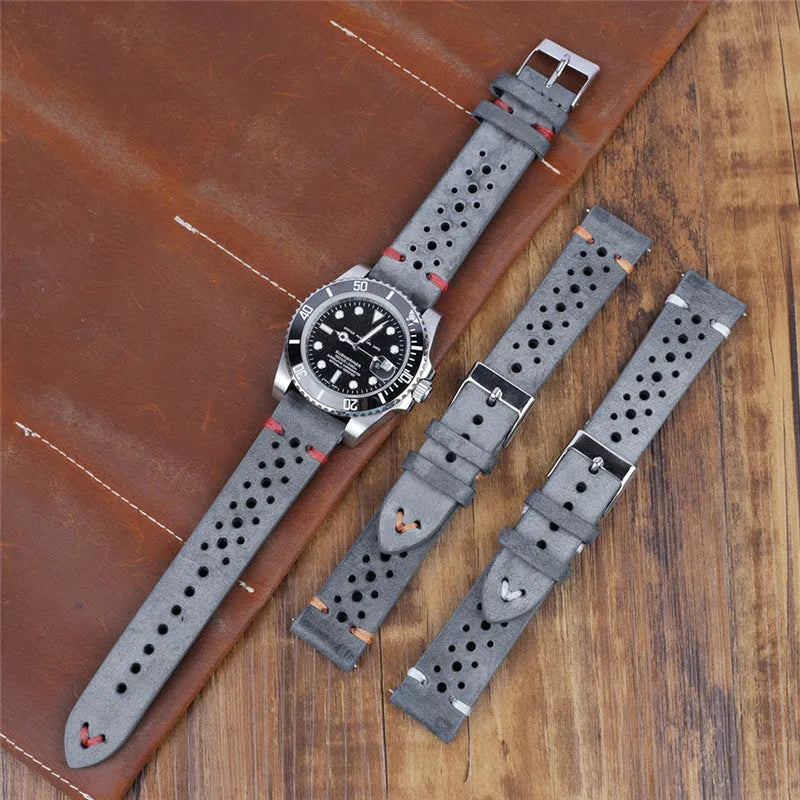 Handmade retro genuine leather watch band with white stitching on brown leather, 20mm width
