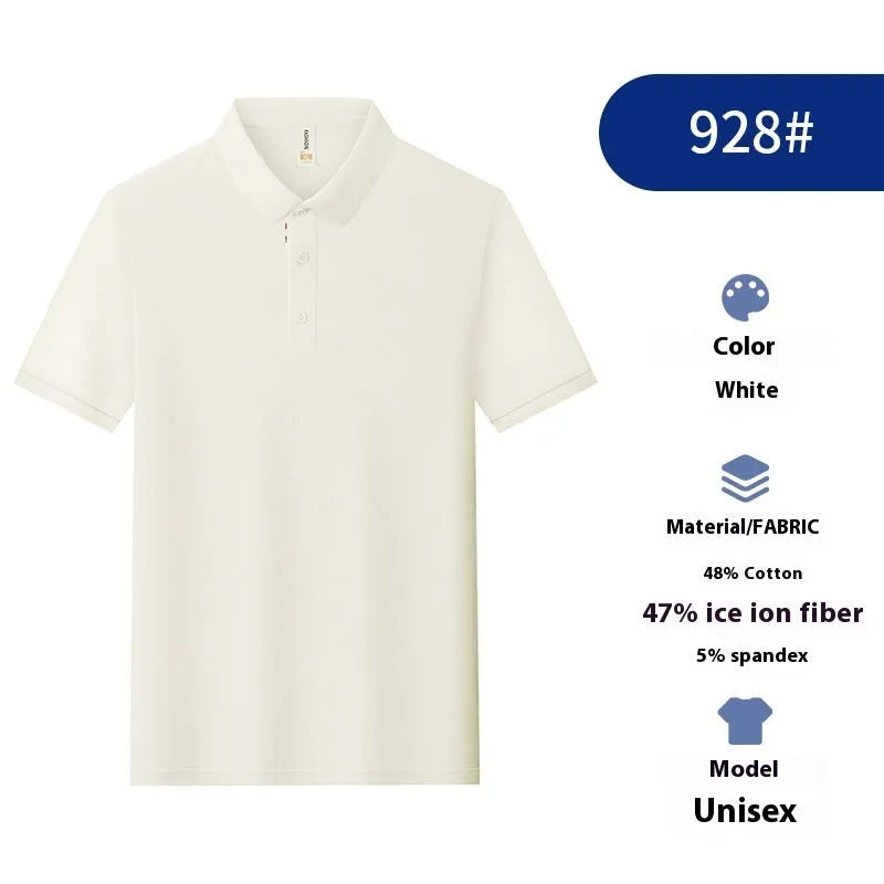 Solid colour catering work polo shirt in ice silk fabric on a hanger, showing short sleeves and regular fit.
