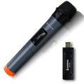 Black V12 dynamic handheld wireless microphone with USB receiver and audio cable.